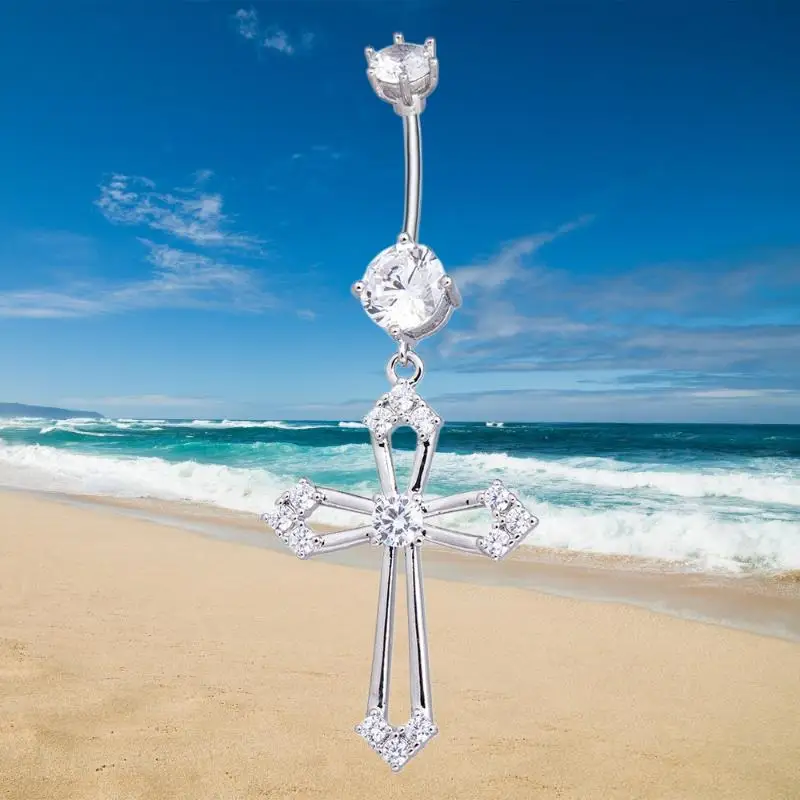 /Vly/Dangle Belly Button Ring 316 Stainless Steel Barbell 3A Zircon Cross Crystal Navel Rings For Women Jewelry Long