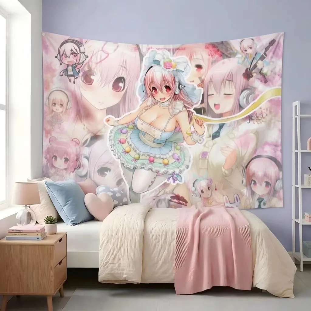 S-Super S-Sonico Cherry Blossom Guitar Tapestry, Cute Macaron Lolita Wall Hanging for Bedroom Dorm Room Sweet Otaku Decor Gift