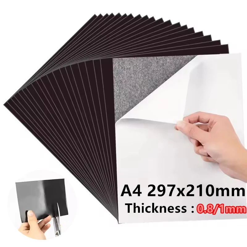 0.8/1mm A4 Self-Adhesive Magnetic Sheets Flexible Rubber Magnet Sheet Mats for Refrigerator Crafts Photo Easy Peel Cutting Decor