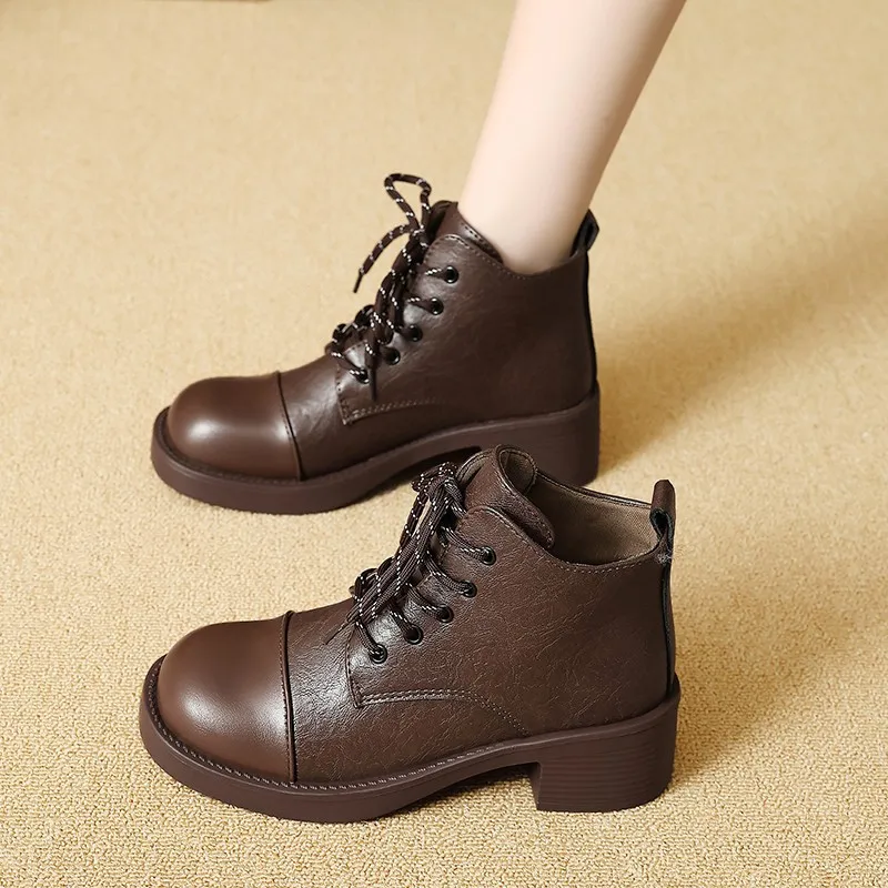 Women Short Boots  Autumn Winter New Fashion Lace Up Vintage Middle Heel Shoes Outdoor Non Slip Height Increase Ankle Boots