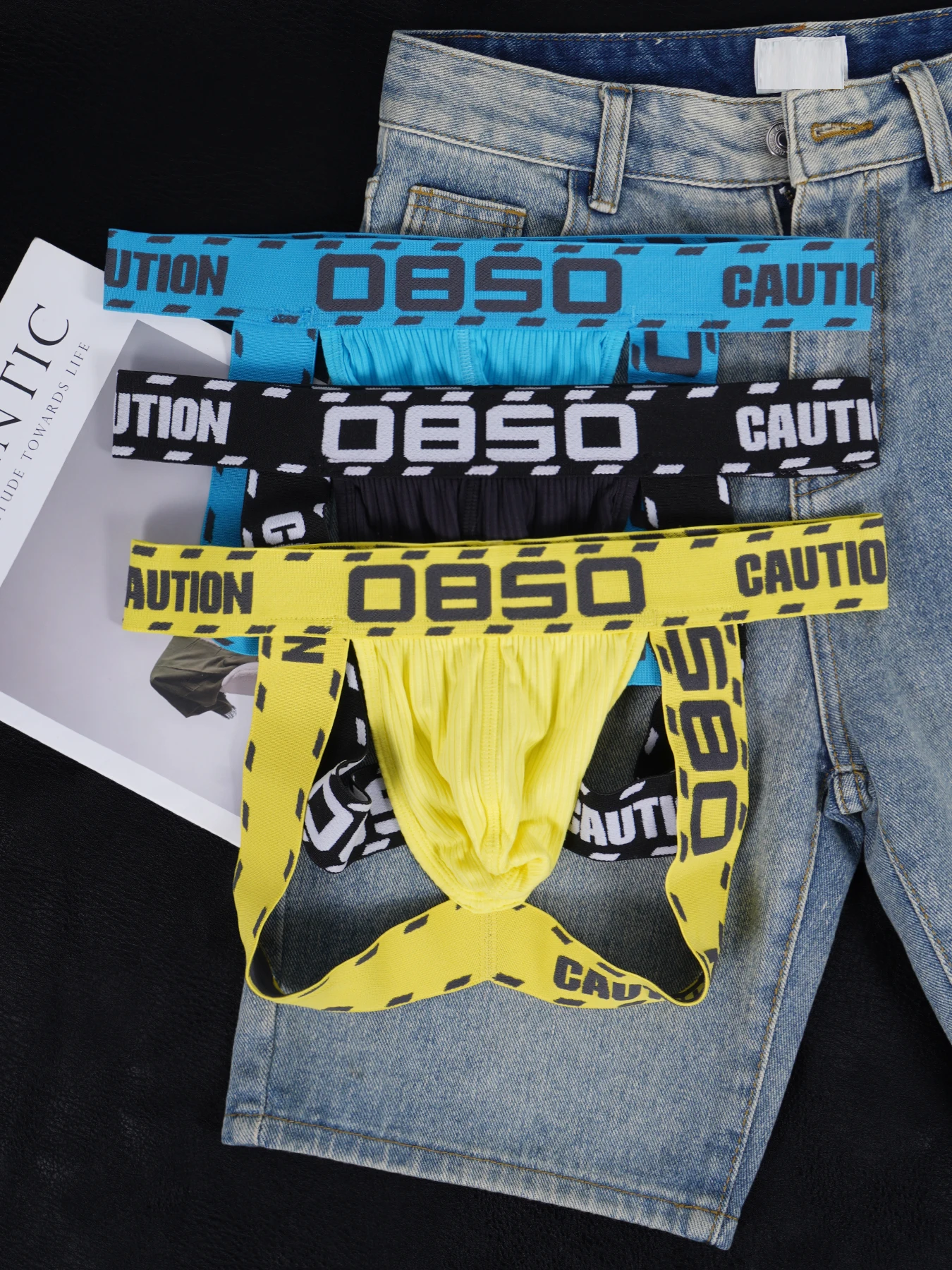 3PCS Men's 0850 CAUTION Print Ribbed Jockstrap Comfy Cotton Sexy Breathable Underwear