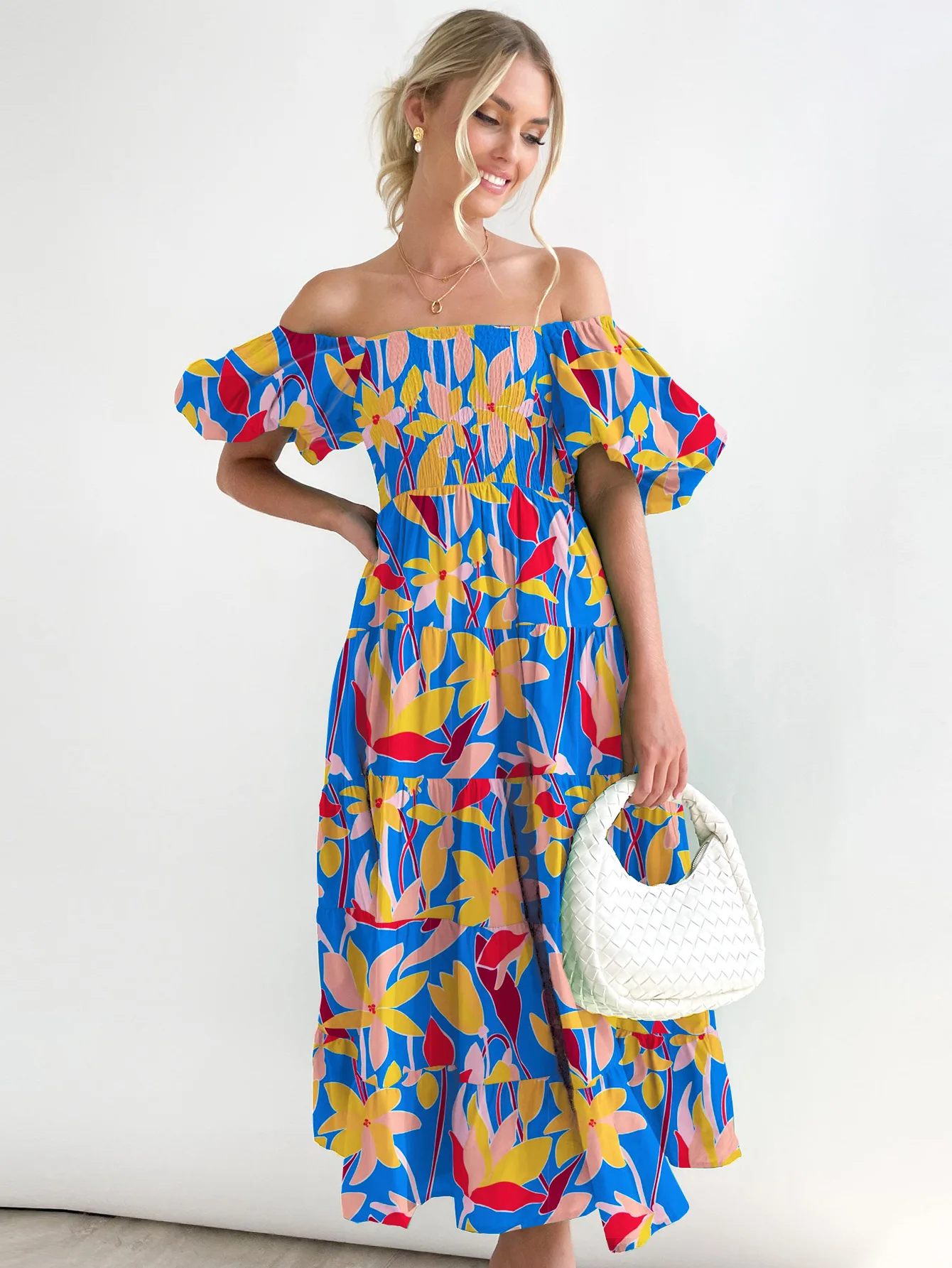 Summer New Women\'s Bohemian Maxi Dresses Elegant Short Sleeve Beach Skirt One Line Neck Waist Fold Print Dress Fashion Vestido