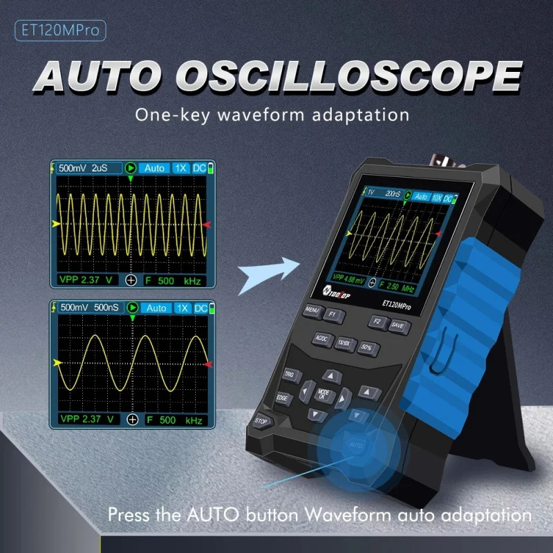 TOOLTOP ET120Mpro Generatore di segnale oscilloscopio digitale portatile 2 in 1 120 MHz 500 MS/s Frequenza di campionamento veloce Mini oscilloscopio automatico