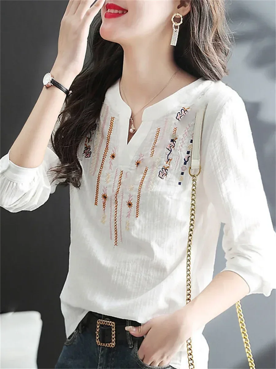 

Women Spring Autumn Blouses Tops Lady Casual Embroidery V-Neck Long Sleeve Vintage Loose Blusas Tops