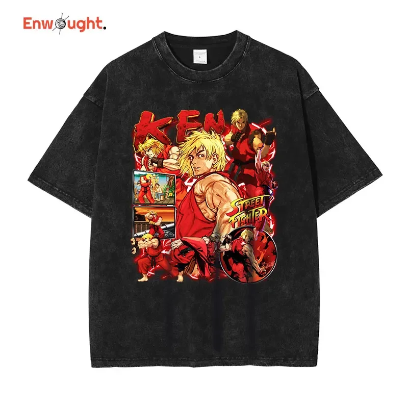 Street Fighter Ken Ryu Guile T Shirt Pc Fighting Games Vintage Washed Tops Tees Hip Hop Short Sleeve Oversized T-shirt Cotton