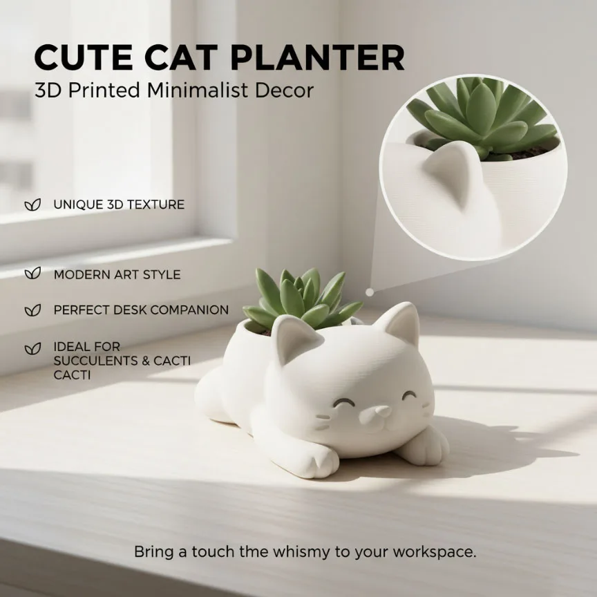 3D Printed Cat Flowerpot Mini Animal Themed Home Garden Decoration Unique Pet-Friendly Plant Container for Indoor Outdoor Use