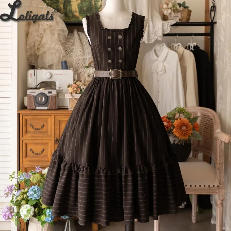 Klassieke mouwloze dubbele rij knopen lange zoete retro gestreepte Lolita casual feest JSK-jurken ~ Little Manor