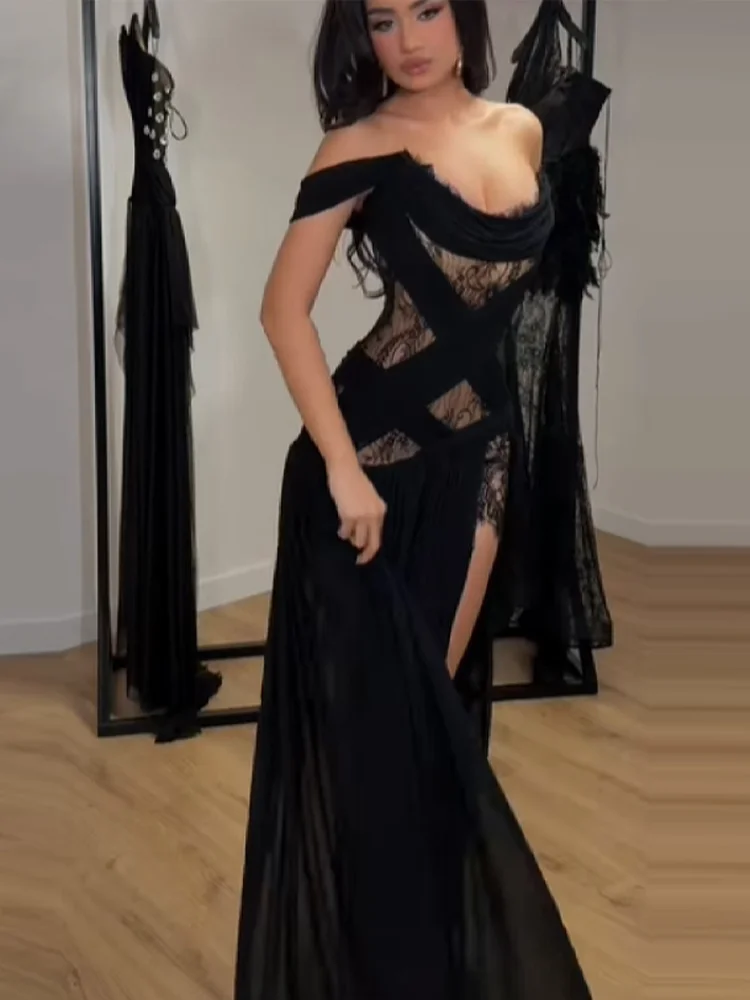 Elegant Lace Patchwork Slit Strapless Dress Sexy Off-shoulder High Waist Long Skirt New Trendy Party Y2k Robe Gothic Style Gown