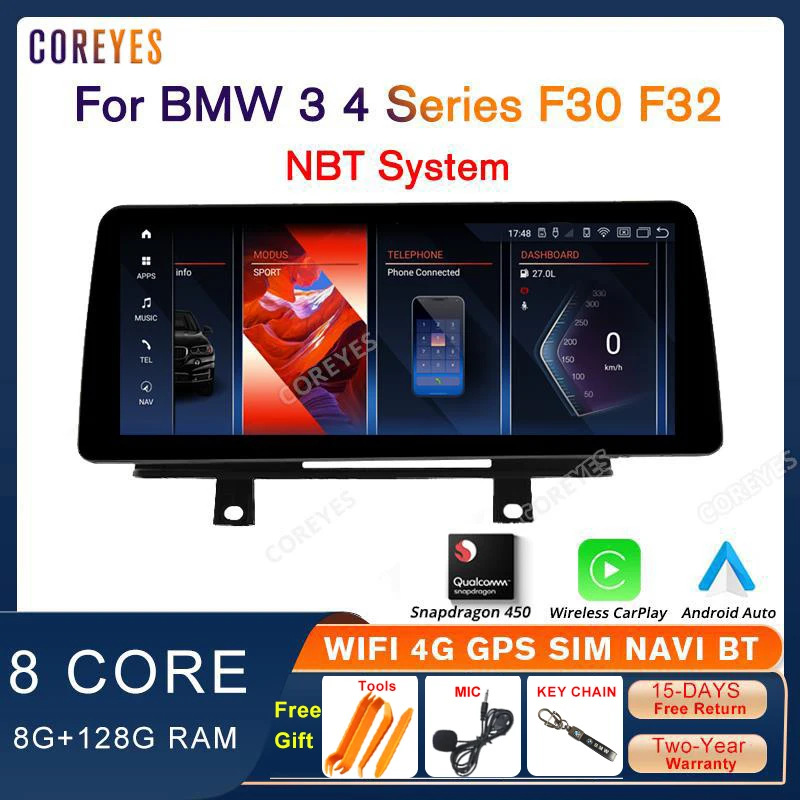 

COREYES 12,3-дюймовый Carplay для BMW 3 серии 4 F30 F31 F32 F33 F34 F35 F36 NBT Система автомобильного радио Snapdragon 450 Android 12