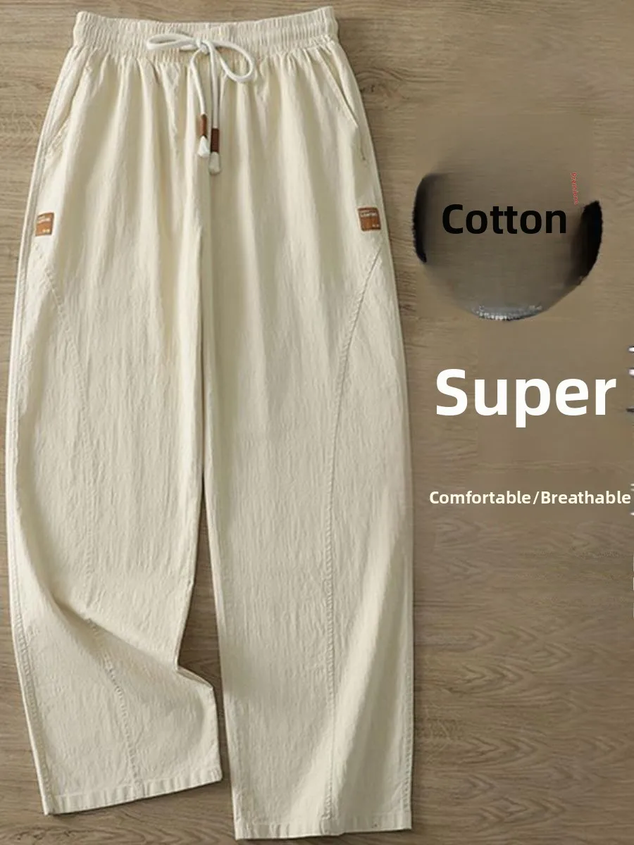 Men's Casual Cotton Linen Sports Loose Thin Summer Pants Straight Leg Wide Leg Long Trousers Comfortable Breathable Autumn