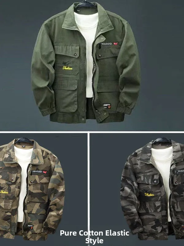 

Мужская повседневная хлопковая рабочая куртка, осенняя спортивная одежда для отдыха, камуфляжная верхняя одежда из чистого хлопка, износостойкая эластичная рабочая одежда