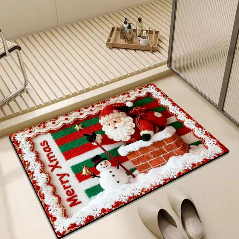 VIKAMA 3D Embroidered Style Christmas Door Mat Christmas Entrance Non slip Water absorbing Carpet Home Decoration