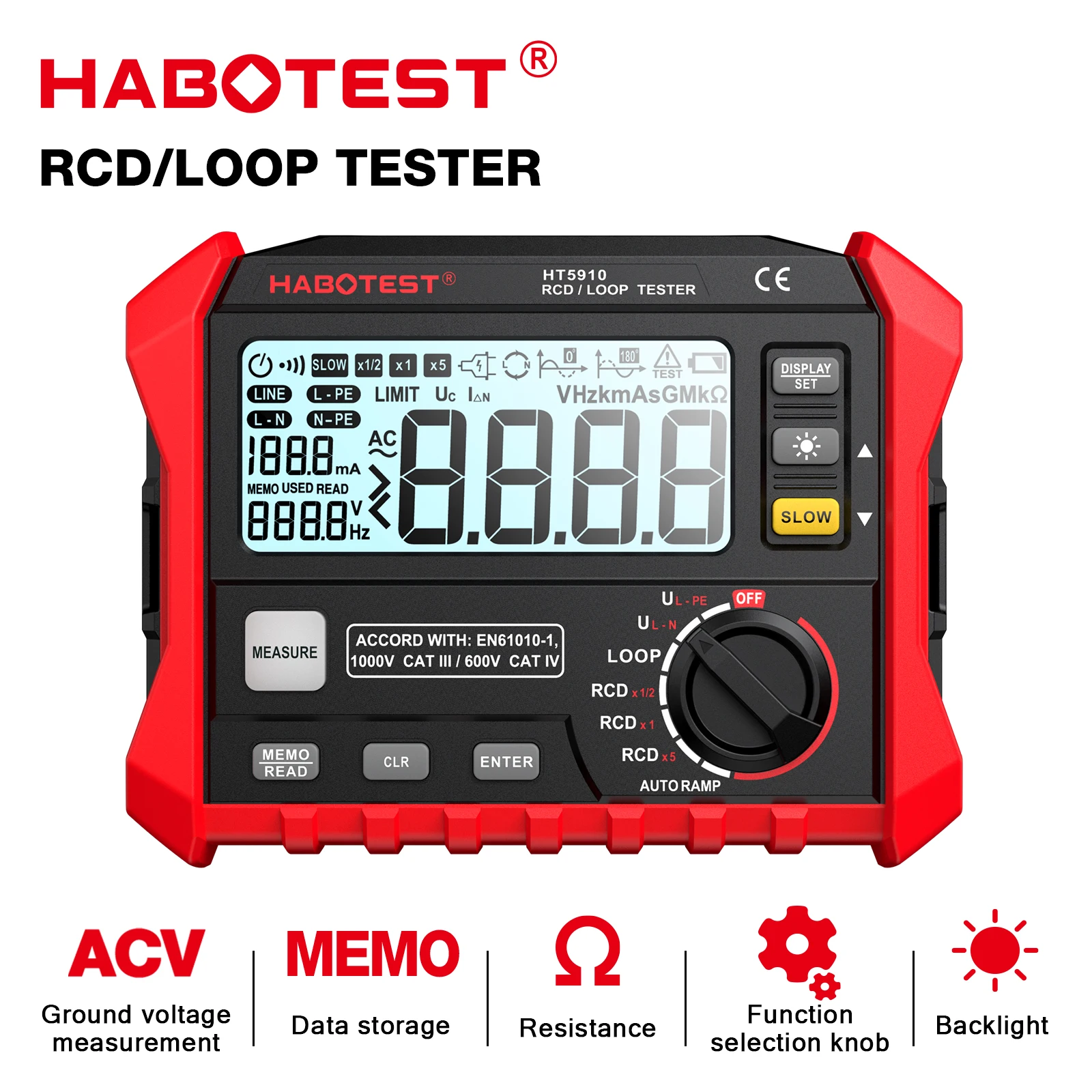 HABOTEST HT5910 Leakage Switch Tester LCD Digital Resistance Meter RCD/Loop Tester 1000 Data Storage Voltmeter Megohmmeter