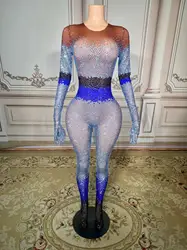 Sparkly Clubbing Rhinestone Drill Chain Bodysuits For Women Sexy Long Sleeve See Through Mesh Leotard Carnival Photography 2023
