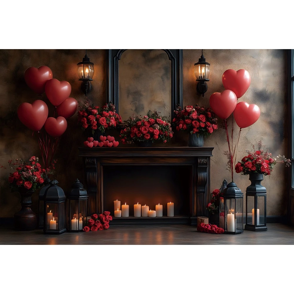 February 14 Valentine's Day Backdrop Retro Wall Red Love Heart Balloon Fireplace Candles Wedding Photography Background Decor image 3