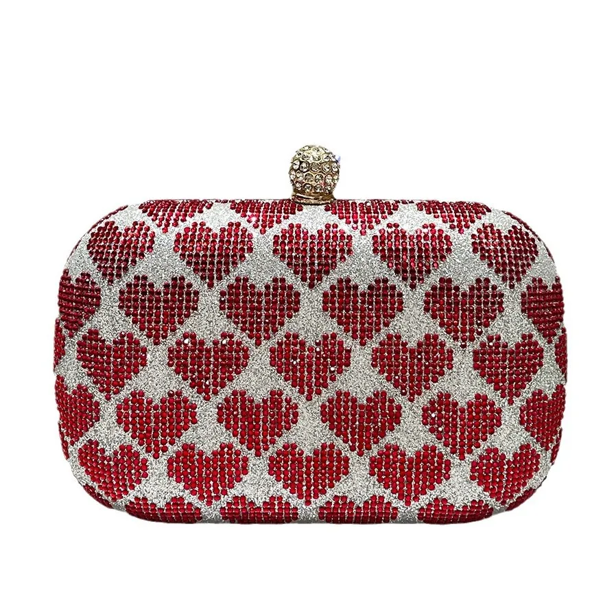 Silver Shiny Love Contrasting Rhinestone Mini Box Small Hand Bag, Women's Fashion Temperament Hand Bag Dinner Bag