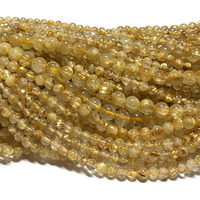 Veemake Natural Yellow Gold Hair Rutilated Needle Quartz Round Loose Beads For Jewelry Making Crystal Gemstones 08493