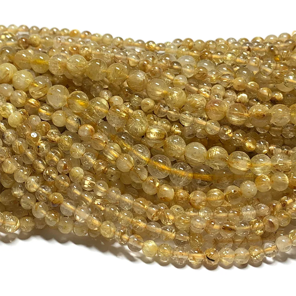 Veemake Natural Yellow Gold Hair Rutilated Needle Quartz Round Loose Beads For Jewelry Making Crystal Gemstones 08493