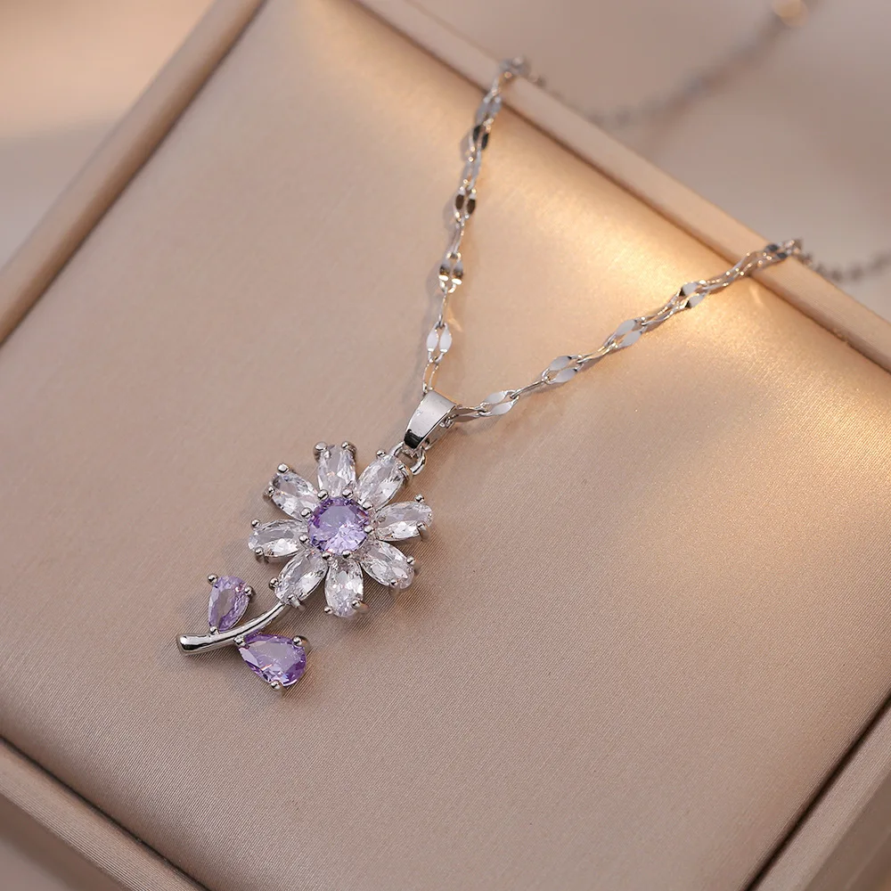 Ins Plant Sunflower Stud Earrings Pendants Silver Gold Color Chains Necklaces For Women Purple Zircon Collar Jewelry Sets Gifts