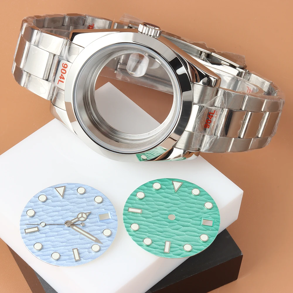 Caja de reloj negra/plateada de 36mm y 39mm, correa de ostra polaca con esfera de onda de agua de 28,5mm, manecillas luminosas verdes compatibles con movimiento NH35 NH36