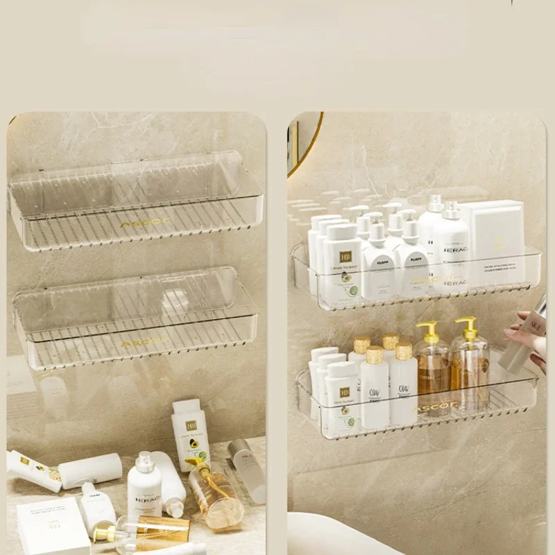 High Clarity Bathroom Shelf for Family Use, Transparent Ventilation Organizer, Wall Mounted, Non-Punch Storage Rack