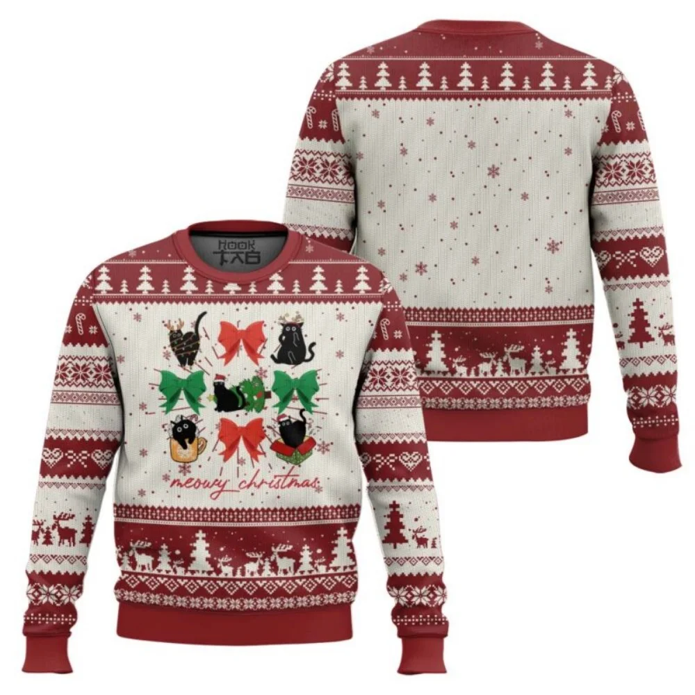 Black Arrogant Cat Pulling Graphic Humor Christmas Sweatshirt for Men Autumn Long Sleeve 3D Print Christmas Loose Street Sweater