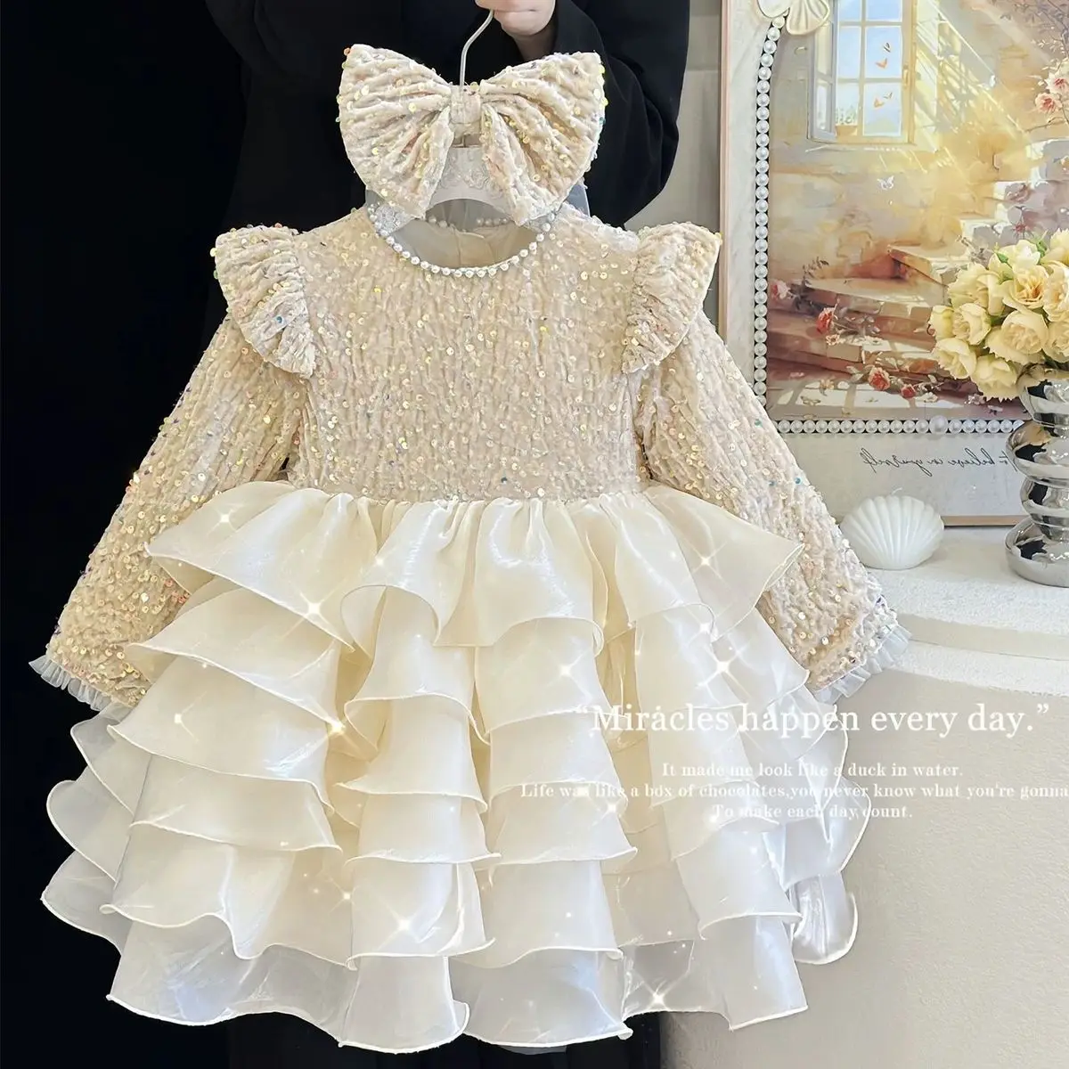 Girls' dress Spring and Autumn new style children's high-end sequined princess dress light luxury birthday dress