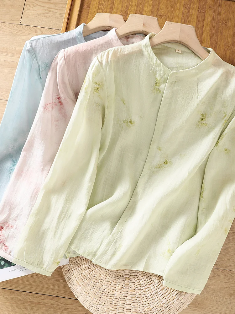 

Slimming Long Sve irt Women's Versatile Cotton Linen Print Stand Collar Top Comfortable Breathable Retro Sle Office Wear