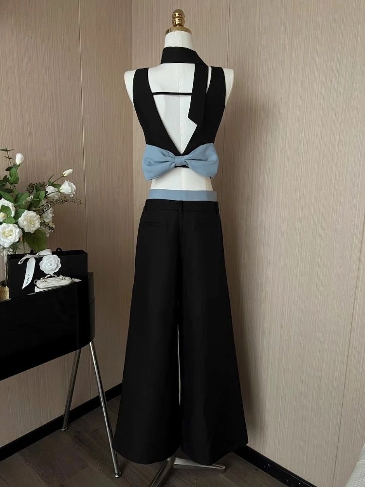 Summer Sexy Spice Girl 3-Piece Set Women 2024 New Bow Backless Contrast Ribbon Vest Top+High Waist Wide Leg Pants Or Skirt Suit