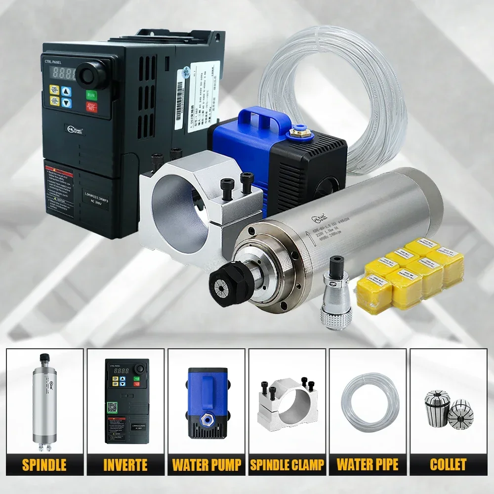 

-for CNC 1.5KW 220V Water Cooled Spindle 1.5kw HS320 Inverter 80mm Clamp Water Pump/5m Pipe 7pcs ER11