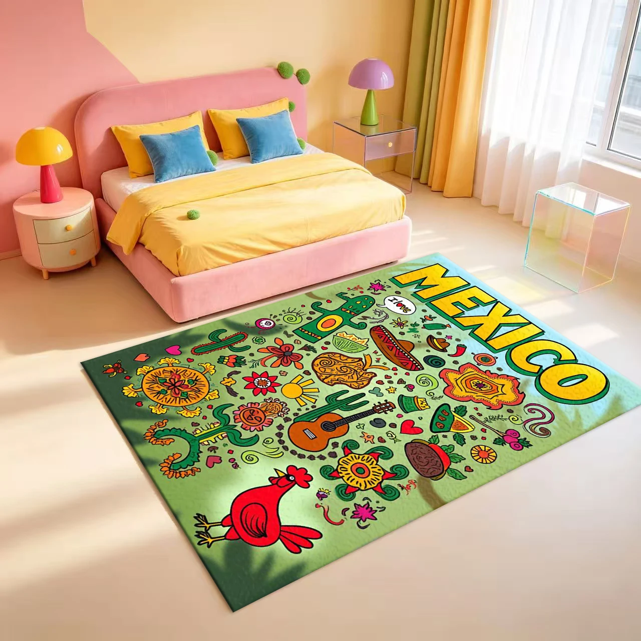 Cartoon Mexico Cultural Doodle Element Print Carpet Flooring Folk Art Area Rug For Indoor Home Floor Decoration