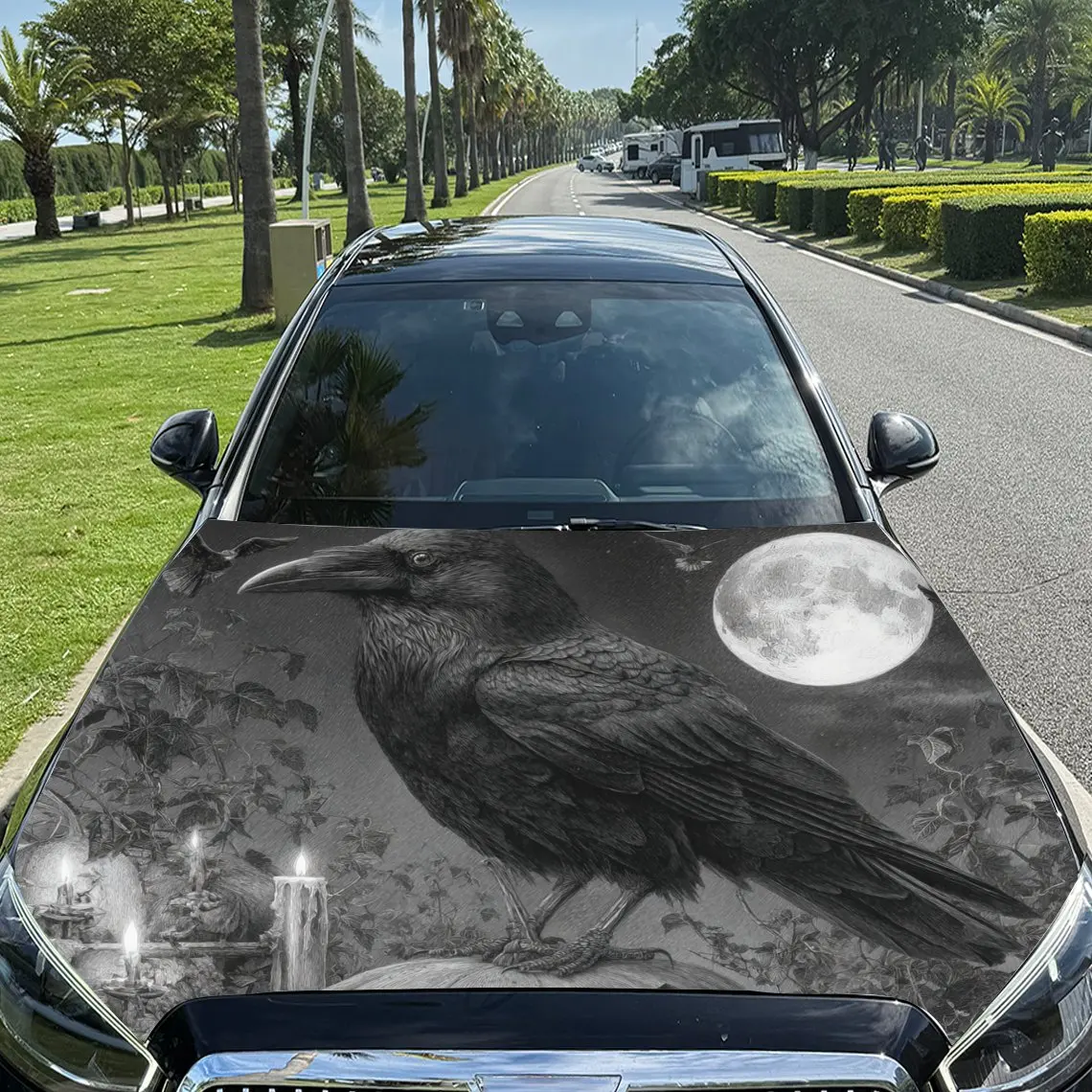 

Moonlit Night Cold Raven Pattern car hood stickers, waterproof self-adhesive, scratch resistant, easy to stick, durable car PVC