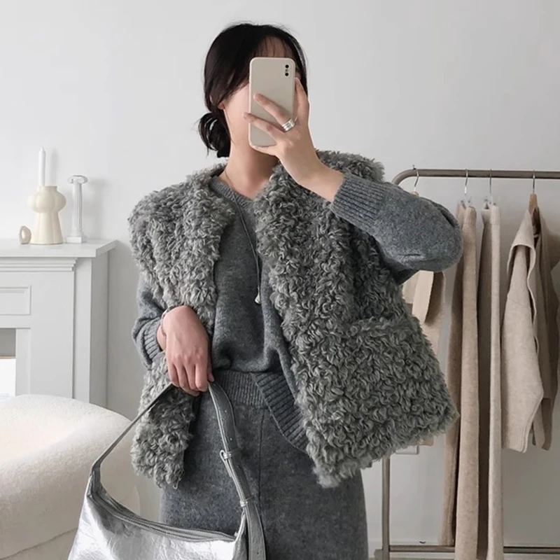 

Autumn Winter Faux Fur Vest Women Fashionable Retro Lambhair Short Loose Vest