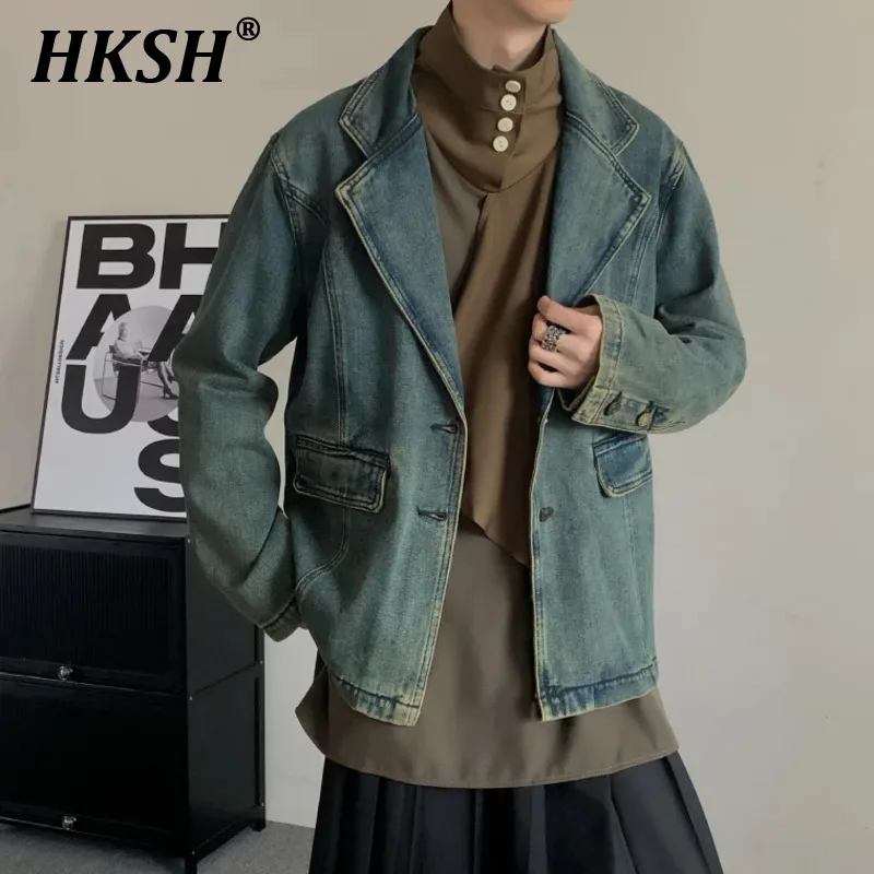 HKSH Men 's Tide Spring Autumn New Vintage High Street Washed Denim Jackets Slit Niche Casual Loose Women's Coat Fashion HK0057