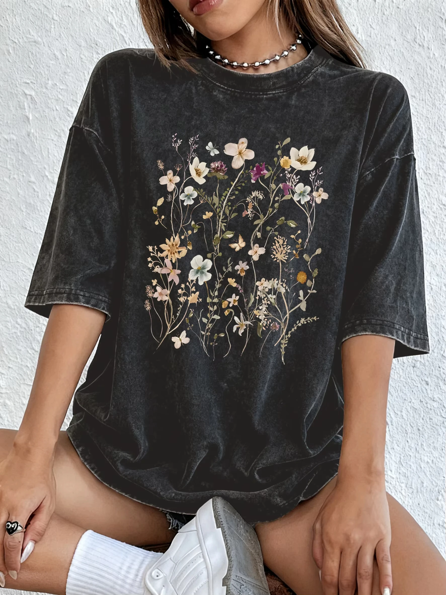

Beautiful Flower Clusters Print Women Washed T-Shirt Loose O-Neck T Shirts Hip Hop Cotton Clothes Jogging Y2K Short Sleeves
