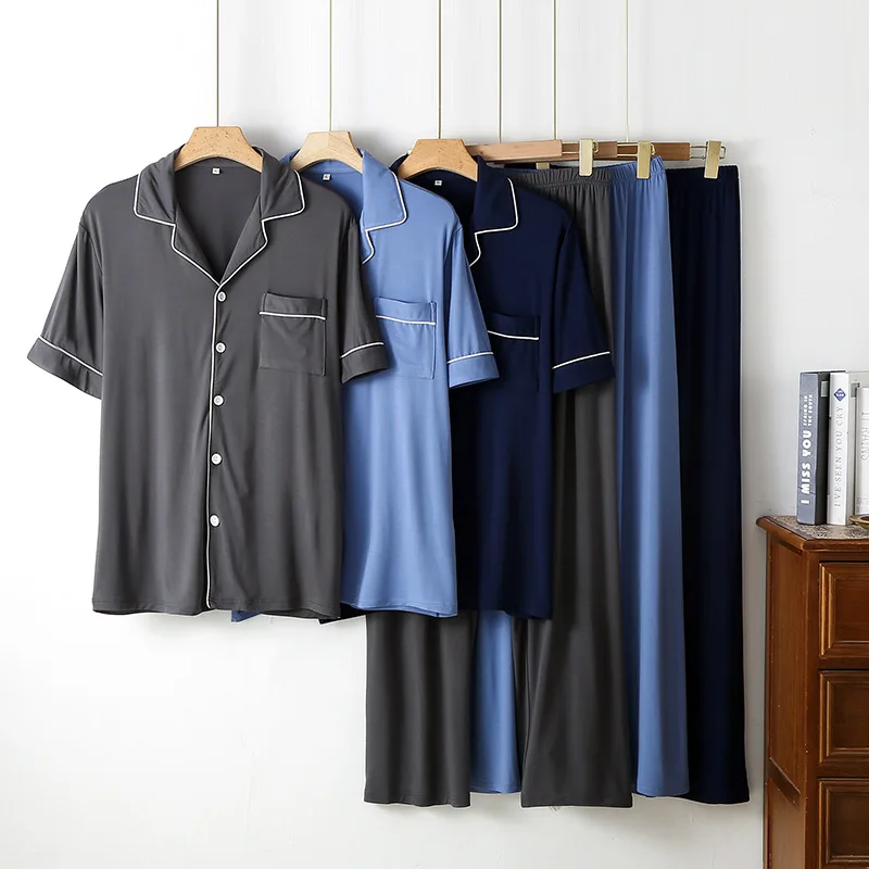 Simple Solid Color Bamboo Men's Pajamas Spring and Summer Short-sleeved Trousers Loose and Wearable Loungewear Suit