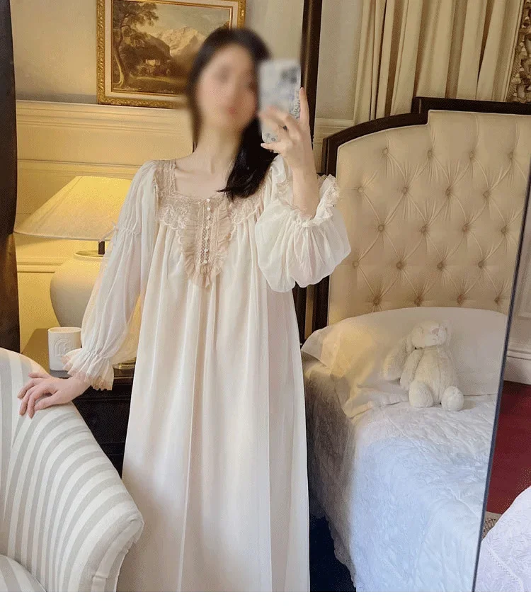 Chemise de nuit en dentelle brodée de style royal vintage pour femmes, pyjama romantique, chemise de nuit de déesse pour dames, chemise de nuit douce abricot, chemise de nuit document