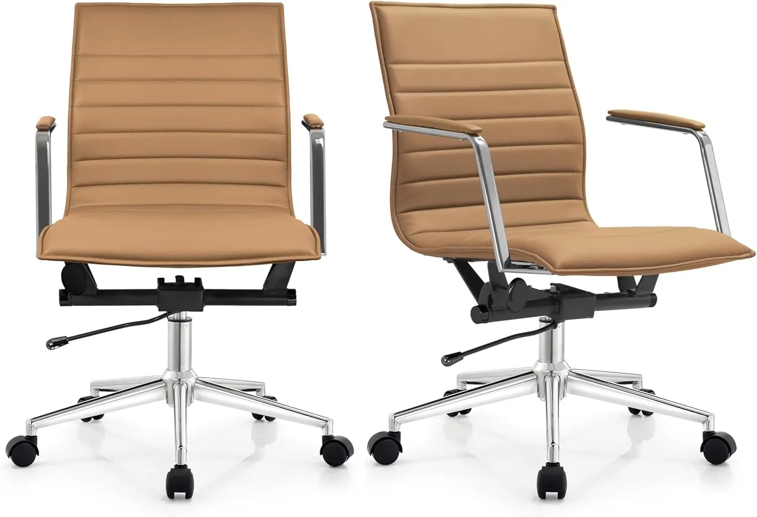 

Набор из 2 современных офисных стульев с ребристой спинкой из искусственной кожи, поворотные стулья для конференций с регулировкой высоты, бежево-коричневый