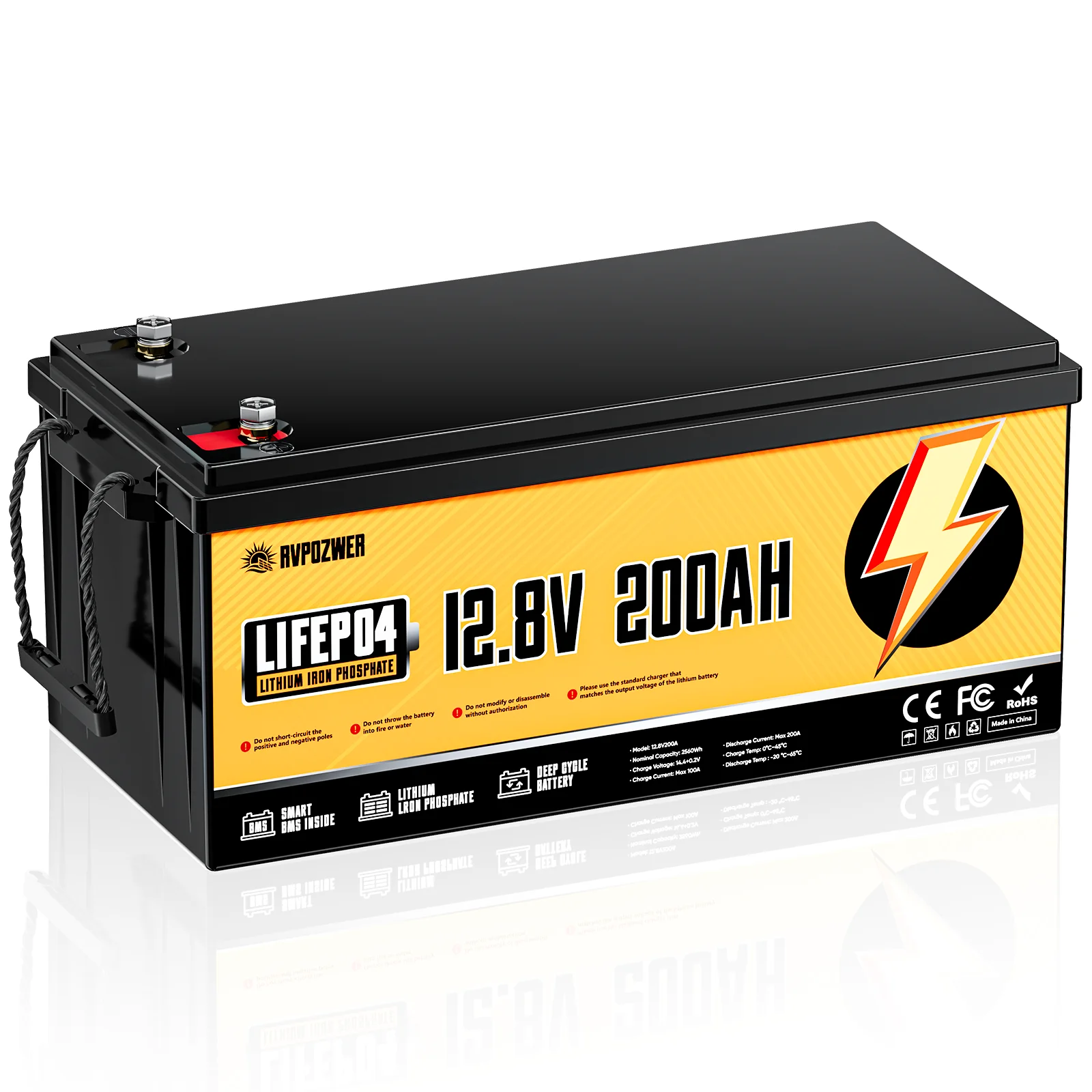 

RVPOZWER 12V 200Ah LiFePO4 Battery with 200A Smart BMS 25000+ Deep Cycle Life for Home Solar Backup Power Bank