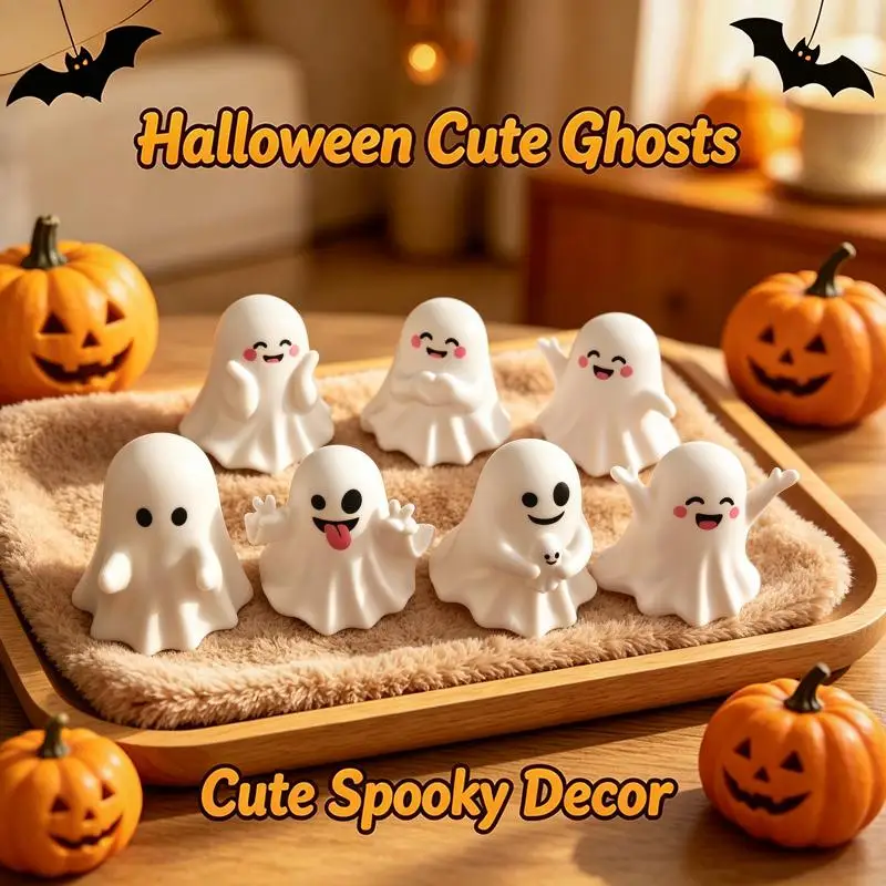 [S]1/6Pcs Cute Flocked Ghost Figurines Adorable Smiling Faces Soft Touch Perfect For Halloween Bedroom Desktop Home Decoration