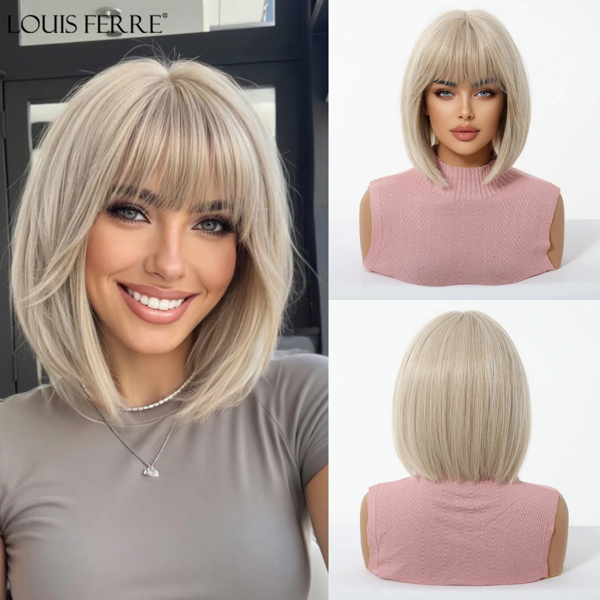 

LOUIS FERRE Blonde Synthetic Wigs With Bangs For Women Daily Short Straight Natural Fake Hair Heat Resistant Party Cosplay Wigs