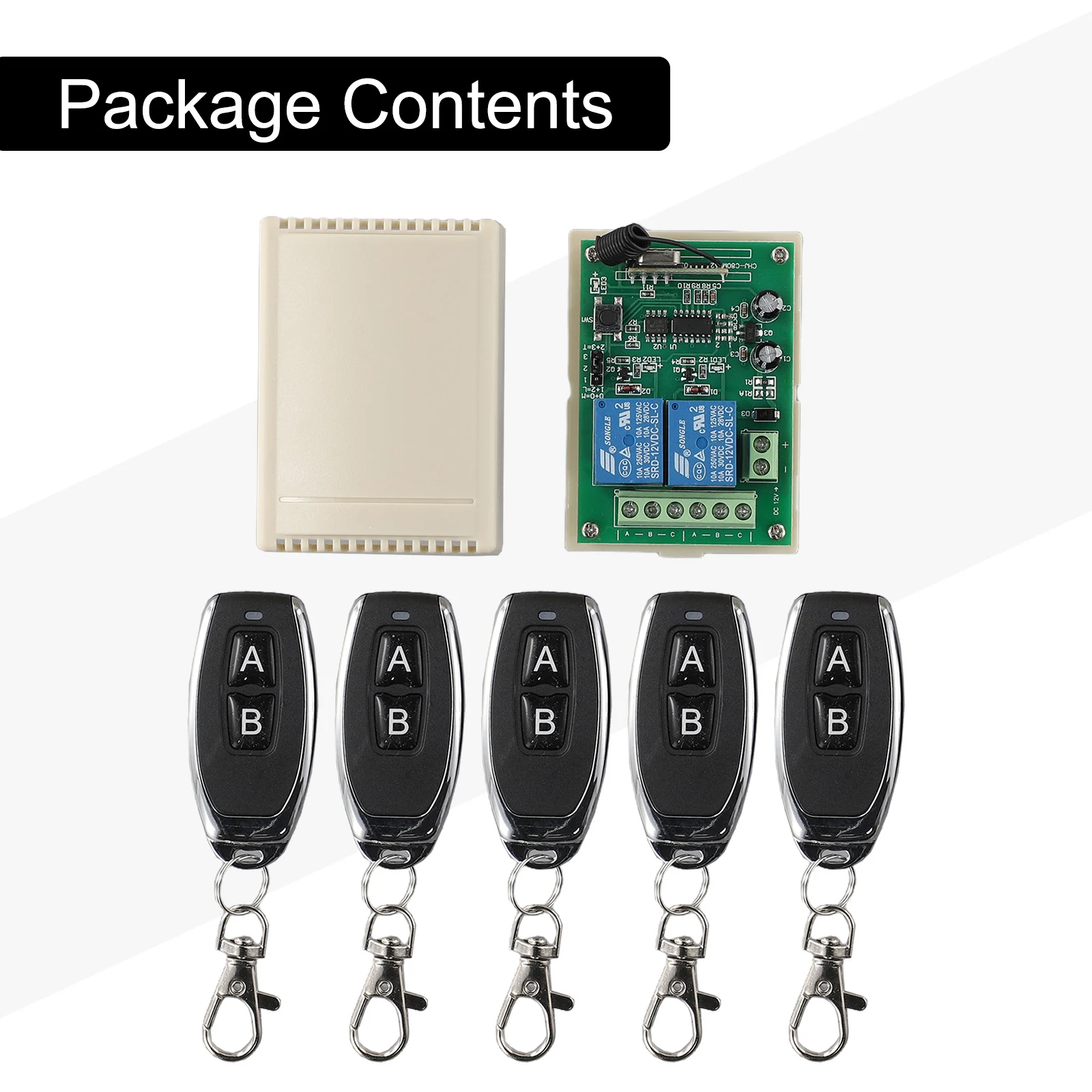 2CH 433MHz Wireless Relay Switch System with 5 Transmitters and 1 Receiver for Garage Door Casement and Security Projects