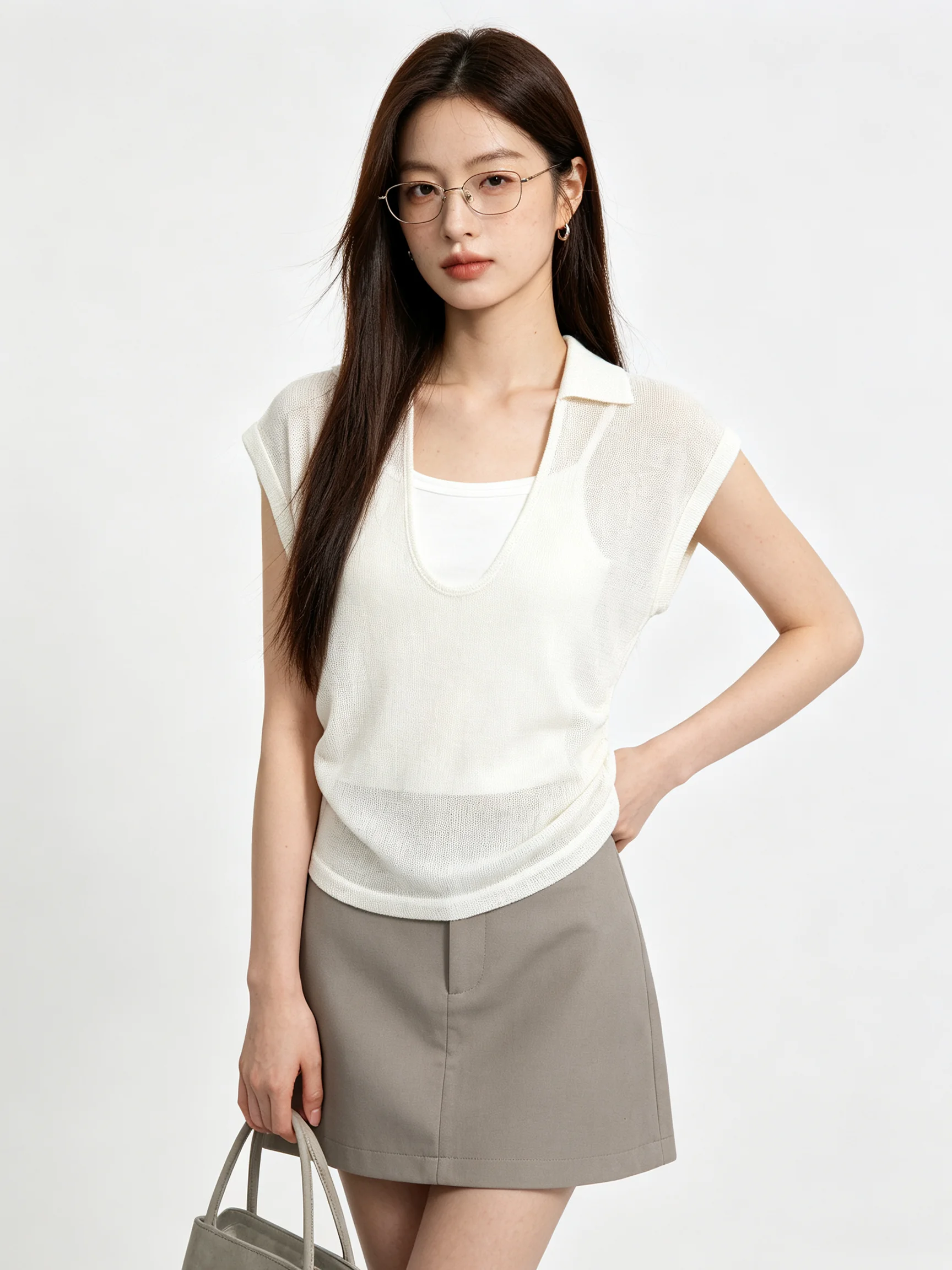 Summer Commute Style Thin Short Sleeve V-Neck Top And Vest Set Slimming Effect Casual Fashion Women's Two-Piece Suit T-Shirt
