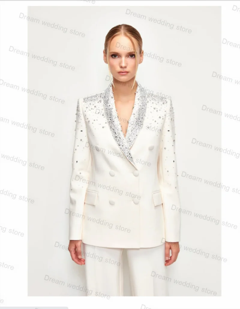 Conjunto de traje de perlas y cristales de lujo para mujer, Blazer blanco y pantalones hechos a medida, esmoquin de boda, chaqueta Formal de oficina, abrigo para mujer, 2 piezas