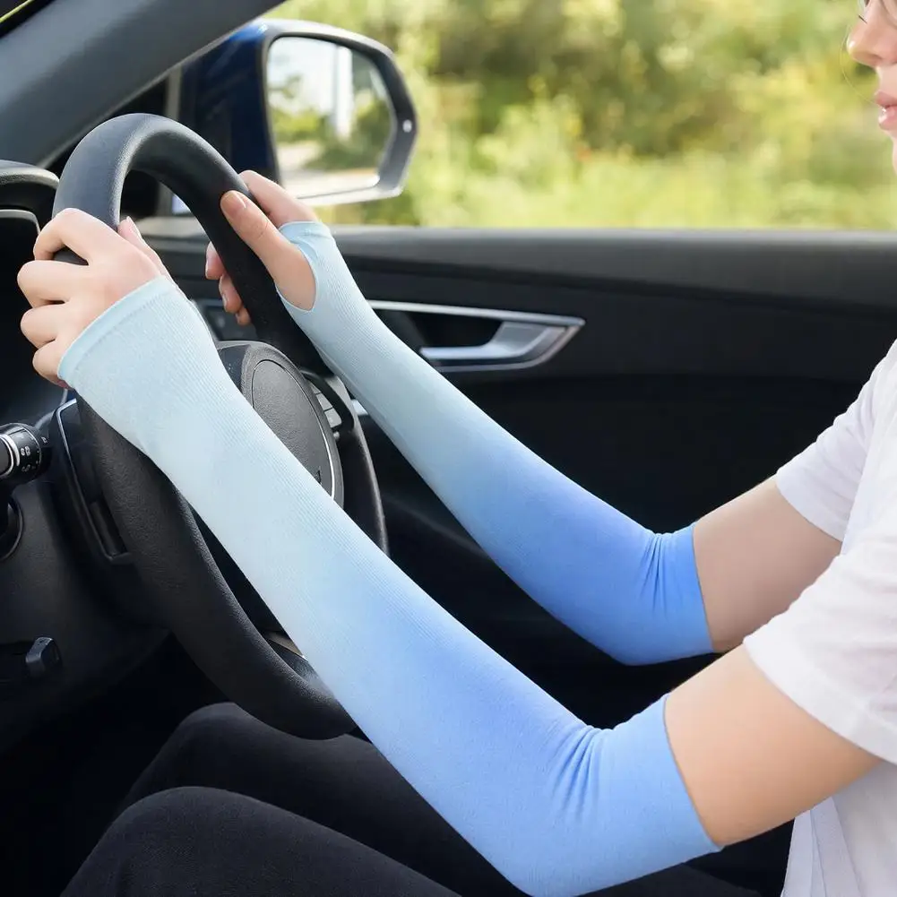 Breathable Arm Sleeves Uv Protection Arm Sleeves with Thumb Hole Gradient Ice Silk Sun Protection Sleeves for Women Summer