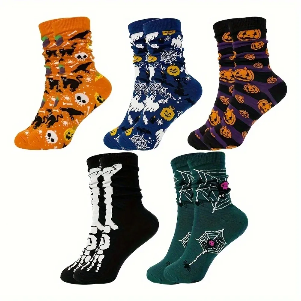 

5 Pairs Halloween Socks Pack, Pumpkin Skull Print Mid Calf Socks for Men Women, Cotton Soft Seasonal Gift Set simpsons mens men
