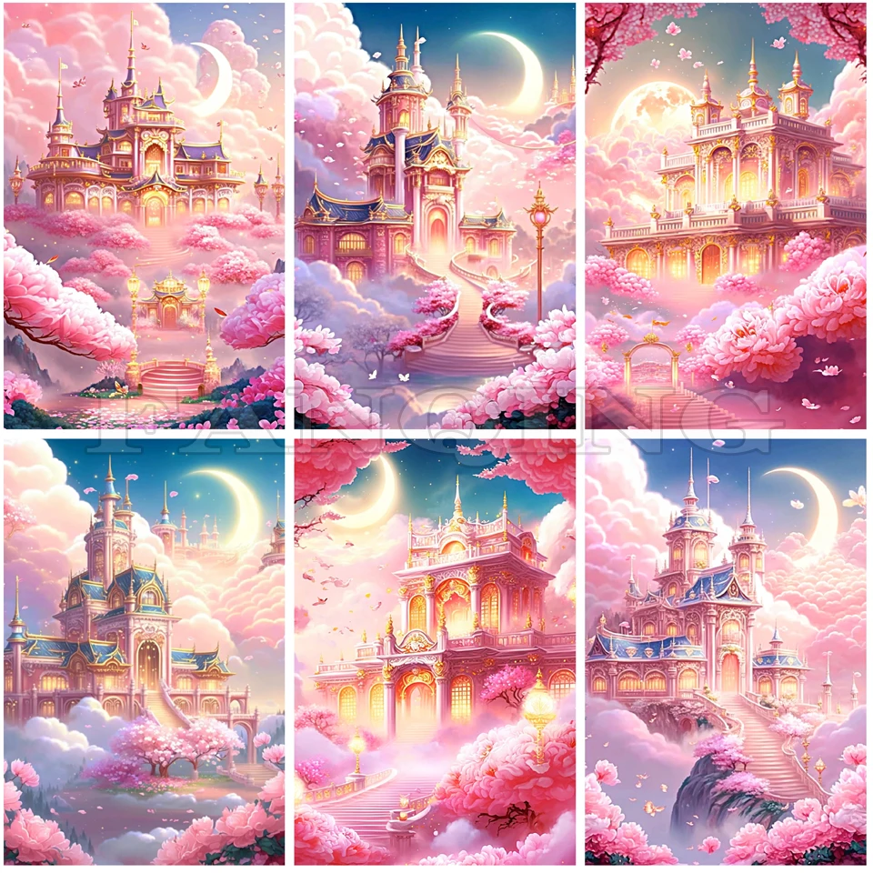 Diamond Painting Romantic Pink Flower House Castle Dream Scenery Mosaic Embroidery Rhinestone DIY Cross stitch Home Decor A163