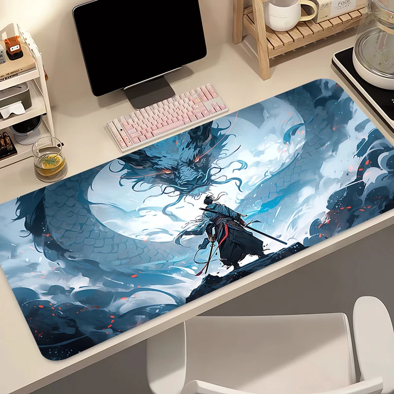 Резиновый коврик для мыши, игровой коврик для мыши, ноутбук, луна, самурай, расширенный настольный коврик, аксессуары для ПК, коврик для клавиатуры, компьютерный коврик для стола с драконом