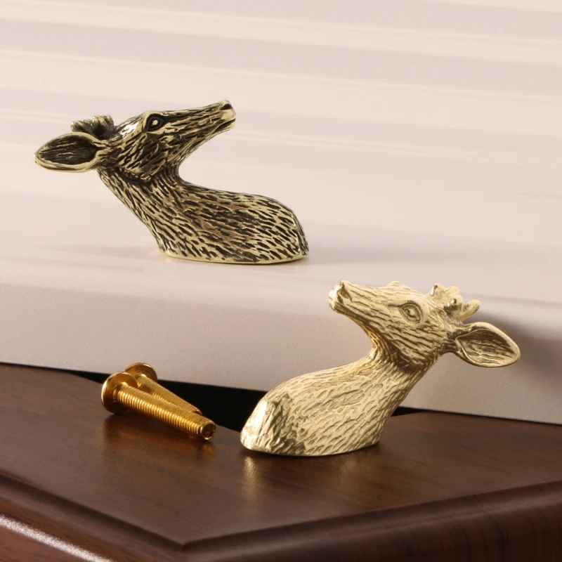 Vintage Furniture Handles Door Knobs Solid Brass Deer Head Shape Animal Single Hole for Cabinet Kitchen Cupboard Drawer Pulls