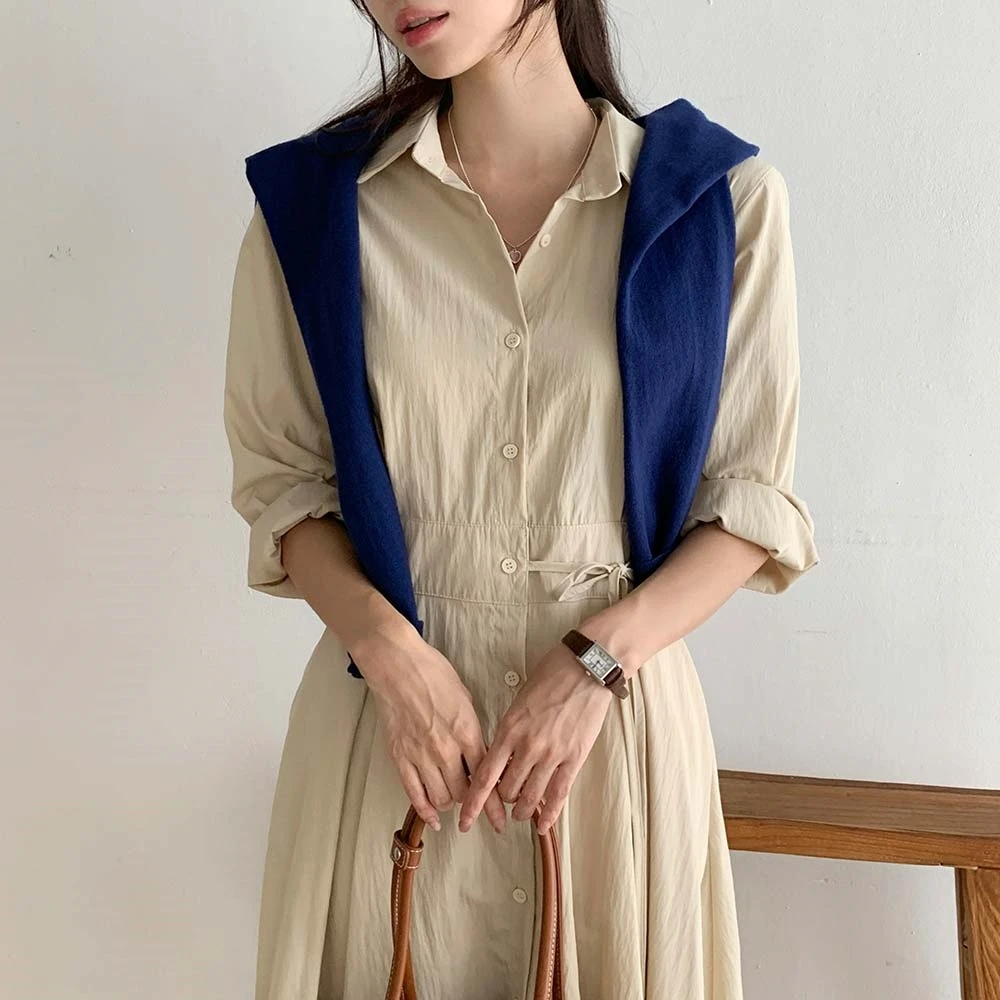 Vrouwen Koreaanse Mode Shirt Jurk Lente Zomer Elegante Button Down Jurk Lengte Rijk Taille Casual Kantoor Jurk